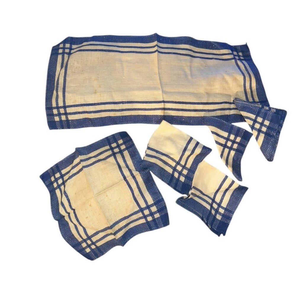 Vintage linens collection white blue stripe table piece cocktail 6 napkins